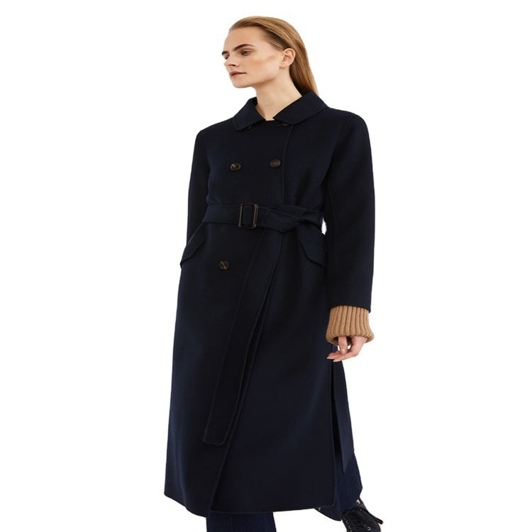 Damen Longcoat im minimalistischen Mantelkleid‑Look mit verdeckter Doppelreihe und Stoffgürtel Drune