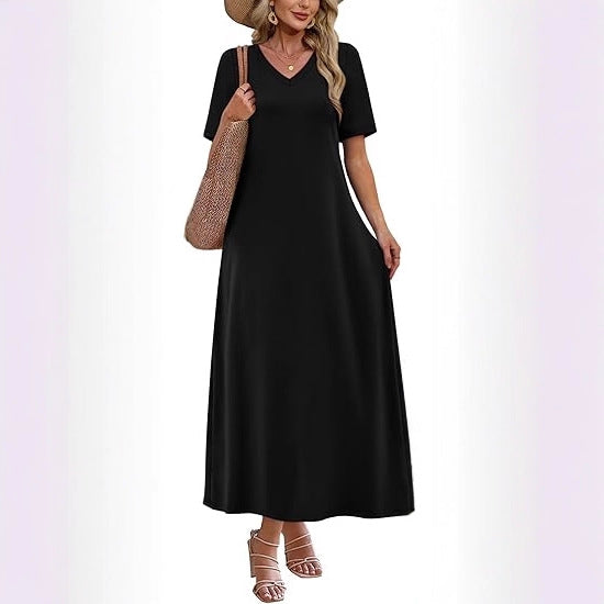 Damen Langes A-Linien-Maxikleid mit V-Ausschnitt, Kurzarm und Eingrifftaschen Drune