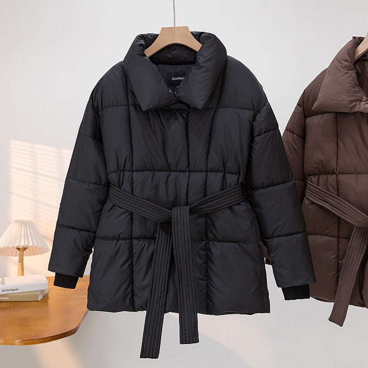 Damen Gekachelte Pufferjacke mit Taillengürtel und breitem Stehkragen Drune