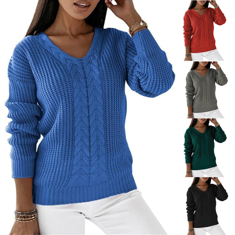 Damen nan grob gestrickter V-Ausschnitt Pullover mit Zopfmuster und lockerer Silhouette Drune