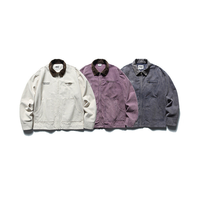 Herren Boxy-Worker-Jacke aus gewaschenem Canvas mit Cordkragen und Reißverschluss Drune