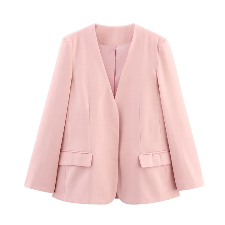Damen nan knopflose Longblazerjacke mit tiefem V-Ausschnitt taillierten Abnähern und Pattentaschen Drune