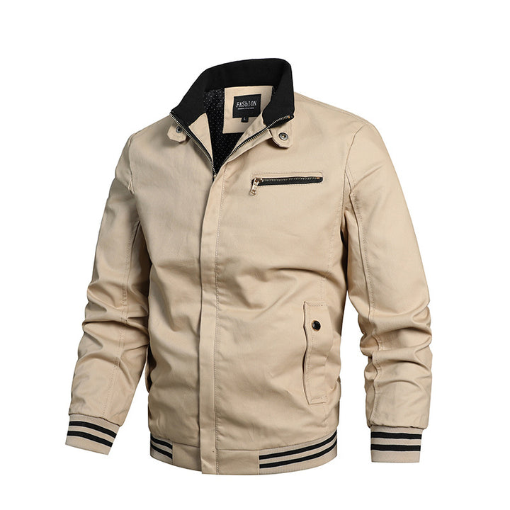 Herren nan moderne Canvas-Bomberjacke im Varsity-Stil mit gestreiften Rippbündchen und verdeckter Frontleiste Drune