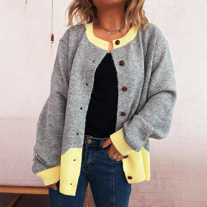 Damen lässige Strickjacke mit buntem Kontrast und eleganten Knopfdetails Drune