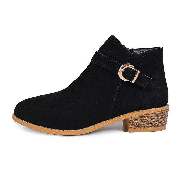 Damen Veloursleder-Ankle-Boots mit seitlichem Reißverschluss, Zier-Schnalle und niedrigem Blockabsatz Drune
