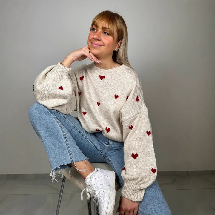Damen nan oversized Strickpullover mit Herzintarsien und Ballonärmeln Drune