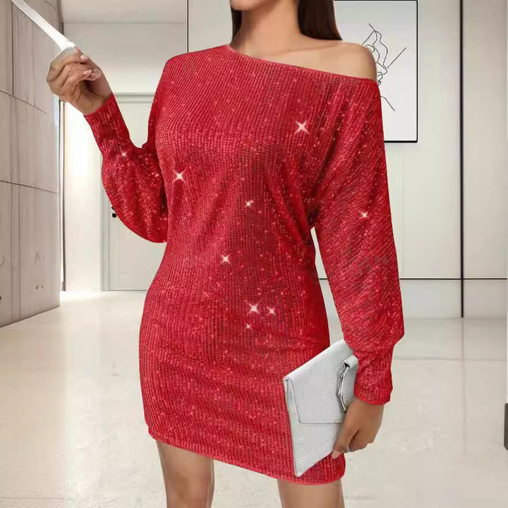 Damen Glamouröses Minikleid mit asymmetrischem Schulterdesign und Funkeleffekten Drune