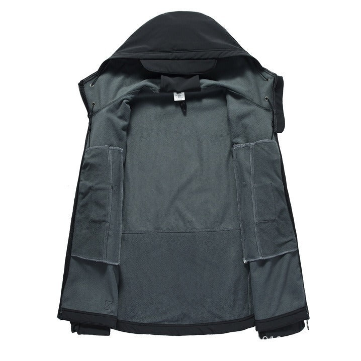 Herren taktische Softshelljacke mit Kapuze, Tarnmuster und ergonomischem Stretchschnitt Drune
