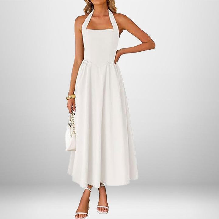 Damen Maxikleid mit schulterfreiem Halterneck und fließendem Rock Drune