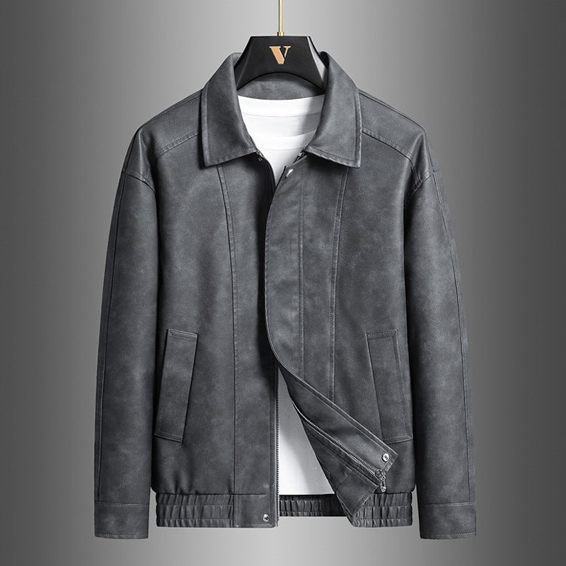 Herren Kurz geschnittene Kunstlederjacke im Vintage‑Look mit Hemdkragen & durchgehendem Reißverschluss Drune