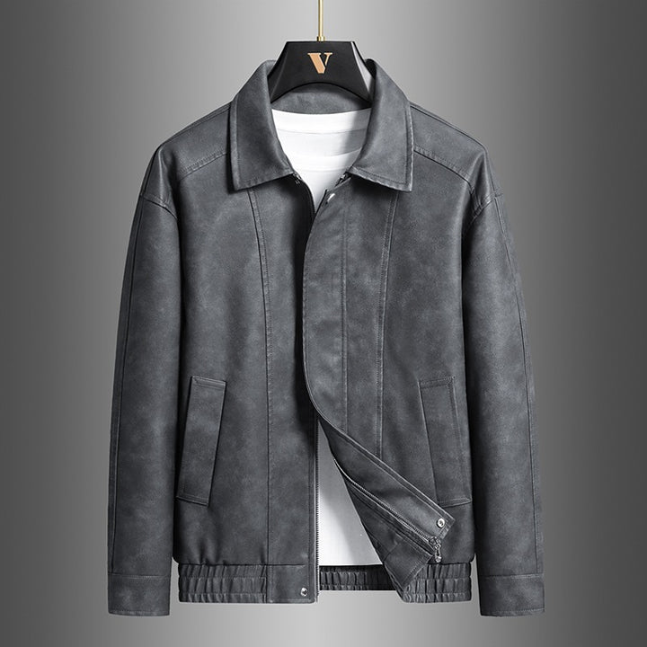 Herren Kurz geschnittene Kunstlederjacke im Vintage‑Look mit Hemdkragen & durchgehendem Reißverschluss Drune