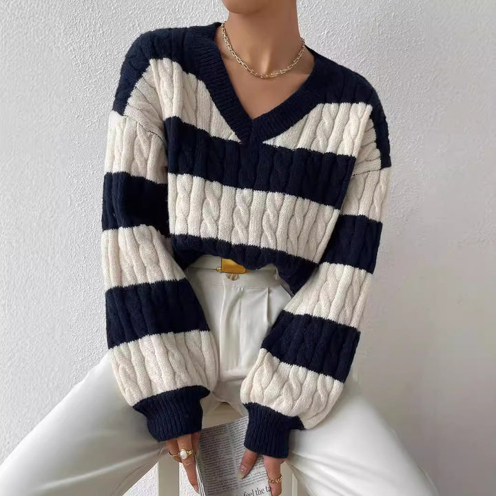 Damen nan gestreifter Grobstrick-Pullover mit Zopfmuster, tiefem V-Ausschnitt und oversized Passform Drune