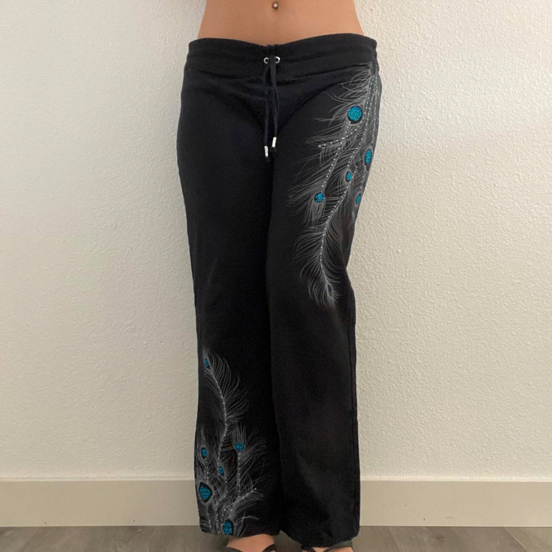 Damen nan weite Loungehose mit Kordelzug, hohem Komfortbund und Pfauenfeder-Print Drune