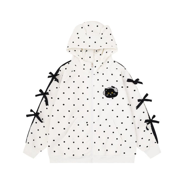 Damen Kapuzen‑Sweatjacke mit Punkte‑Allover, Katzen‑Patch, Schleifenärmeln und Ohrenkapuze Drune