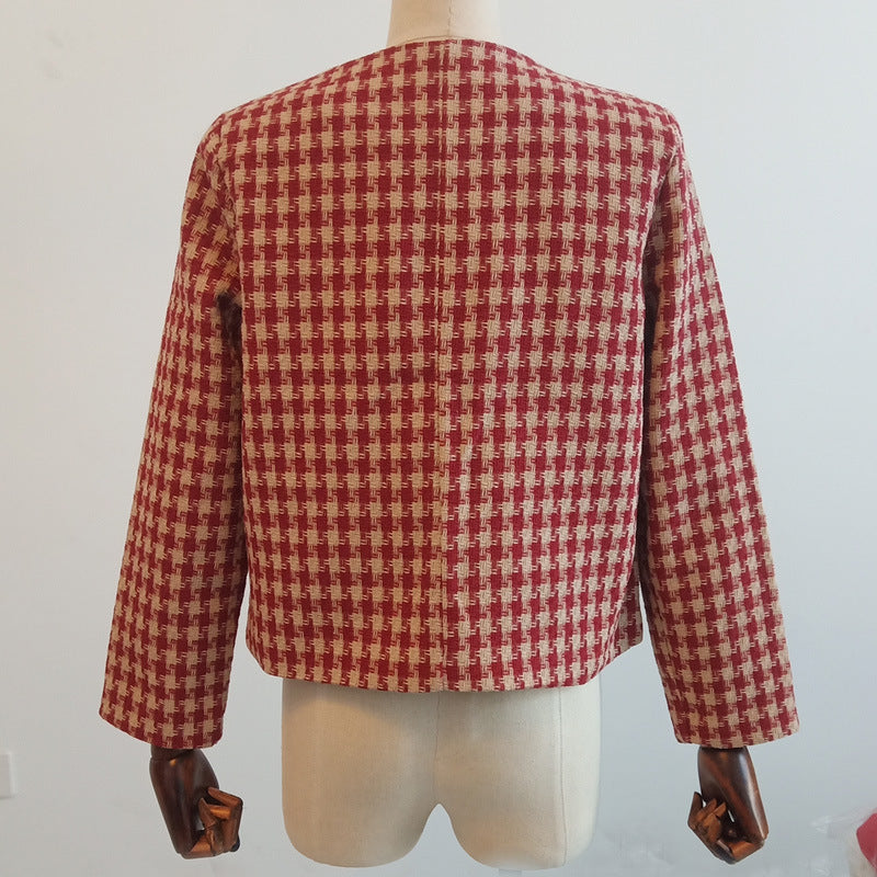 Damen nan taillierte Bouclé-Tweed-Jacke mit Hahnentrittmuster, goldenen Zierknöpfen und aufgesetzten Klappentaschen Drune