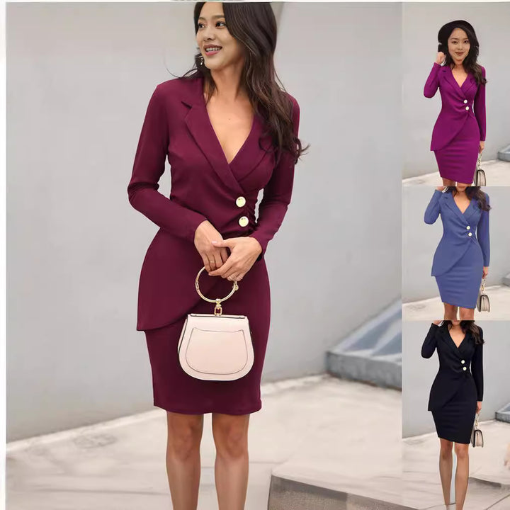 Damen Midi-Kleid mit kreativem Wickeldesign und stilvollen Knopfdetails Drune