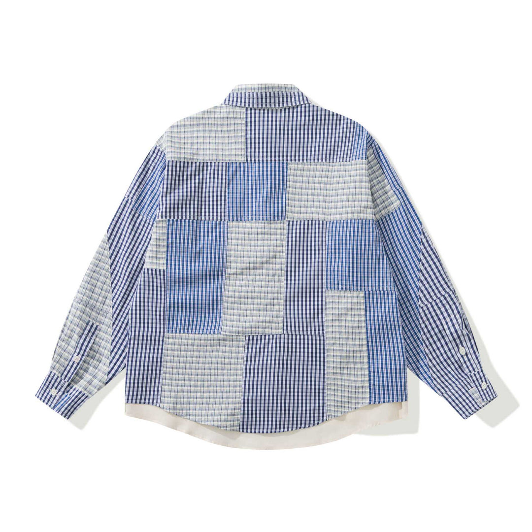 Unisex Patchwork-kariertes Overshirt mit verlängertem Saum Drune