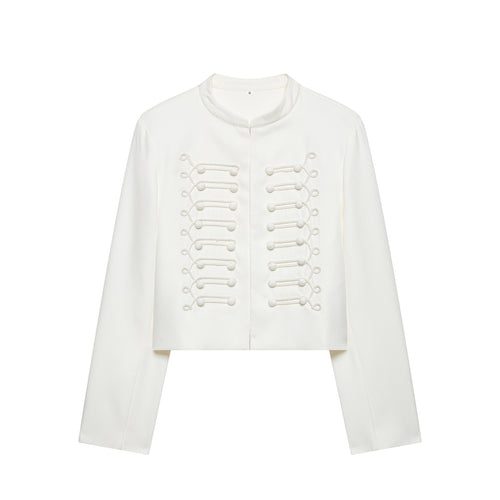 Damen Korddetail-Bolerojacke mit Stehkragen und Paraderiegel-Optik Drune