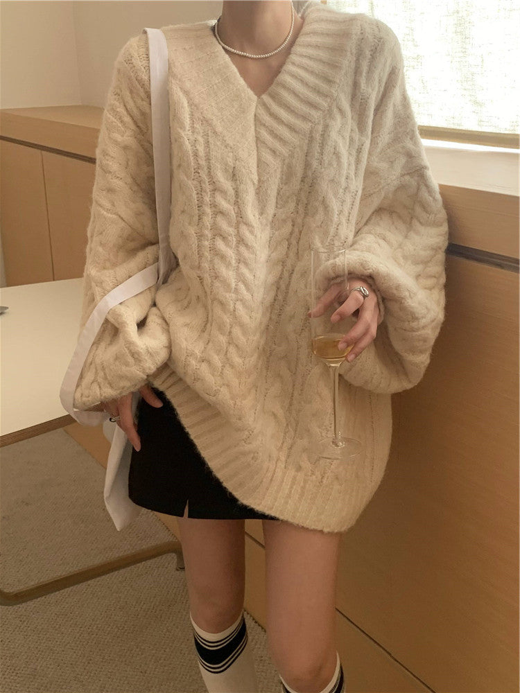 Damen Grobstrickpullover mit voluminösen Ärmeln und V-Ausschnitt Drune
