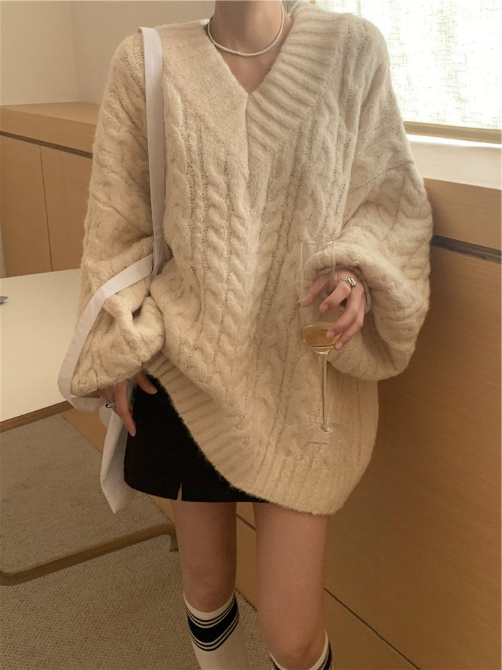 Damen Grobstrickpullover mit voluminösen Ärmeln und V-Ausschnitt Drune