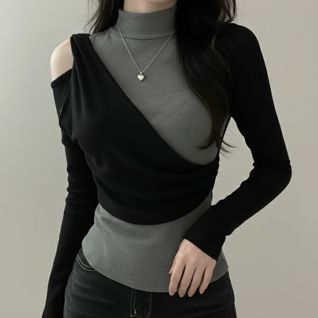 Damen Asymmetrisches Langarmtop mit Stehkragen, Cut-Out‑Schulter und Lagenoptik Drune