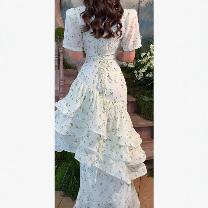 Damen Maxikleid im Vintage‑Romantik‑Stil mit asymmetrischen Volants und Puffärmeln Drune