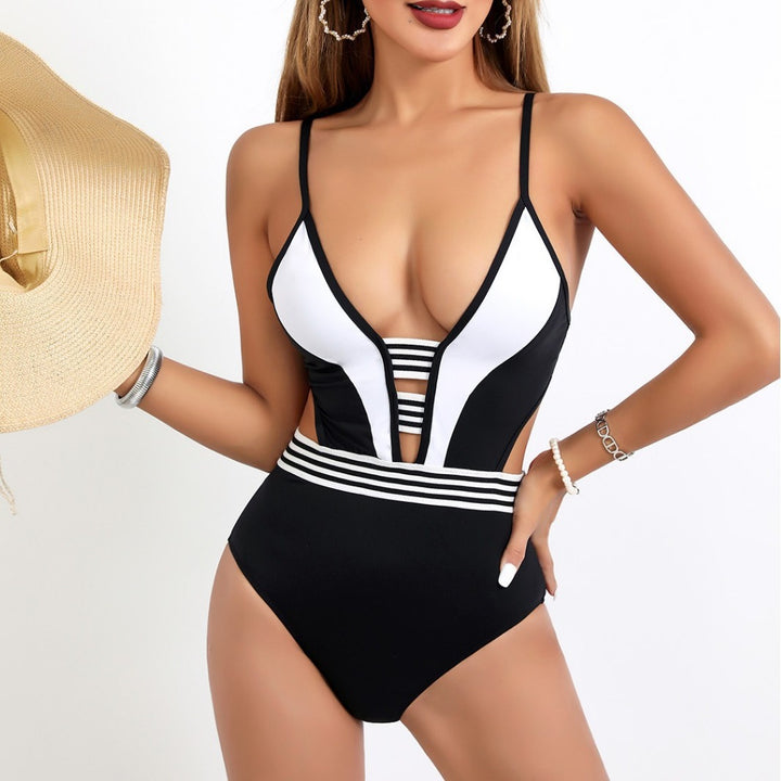 Damen Sportlicher Einteiler Badeanzug mit tiefem V-Ausschnitt und seitlichen Cut-Outs Drune