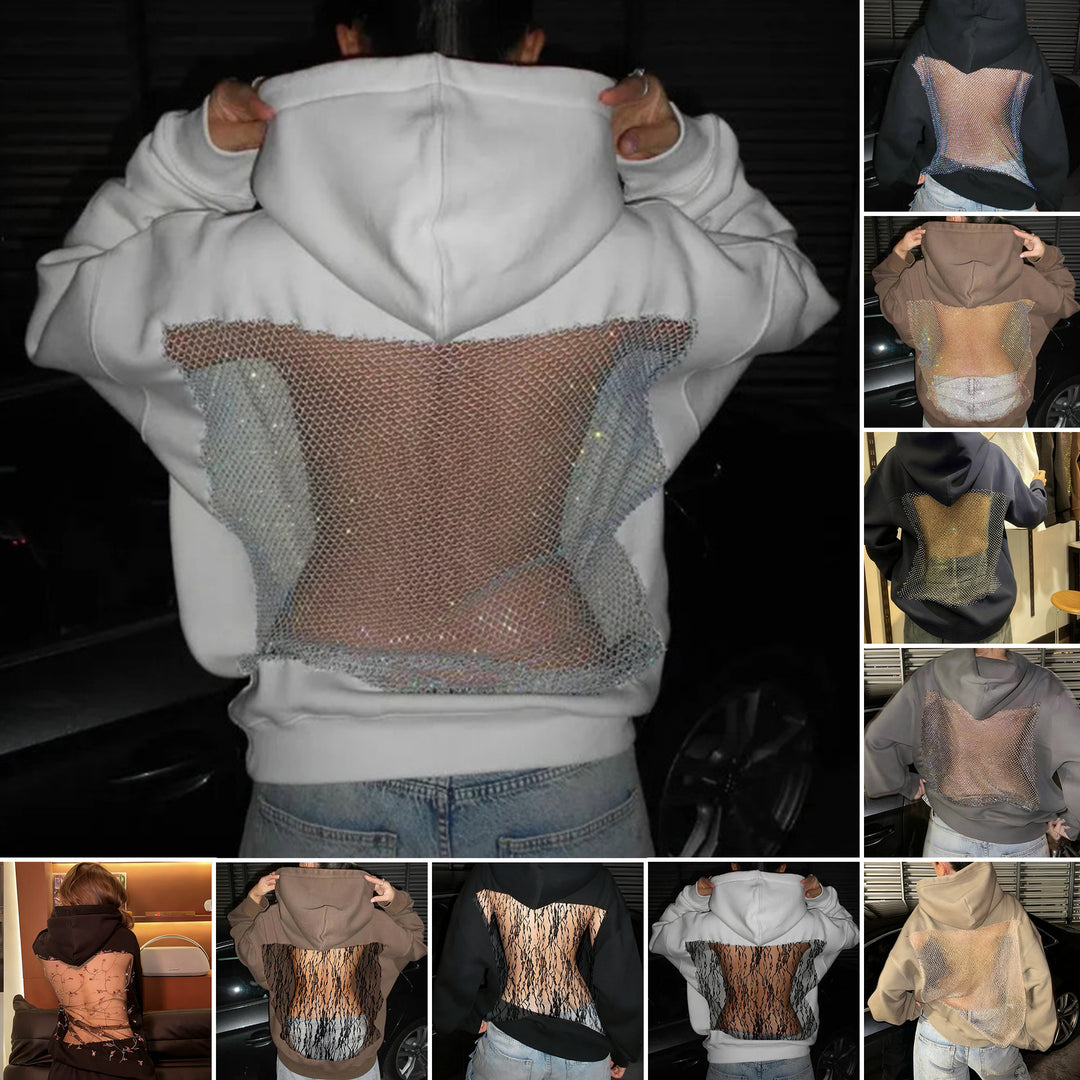 Damen Hoodie mit glitzerndem Mesh-Rückenapplikation Drune