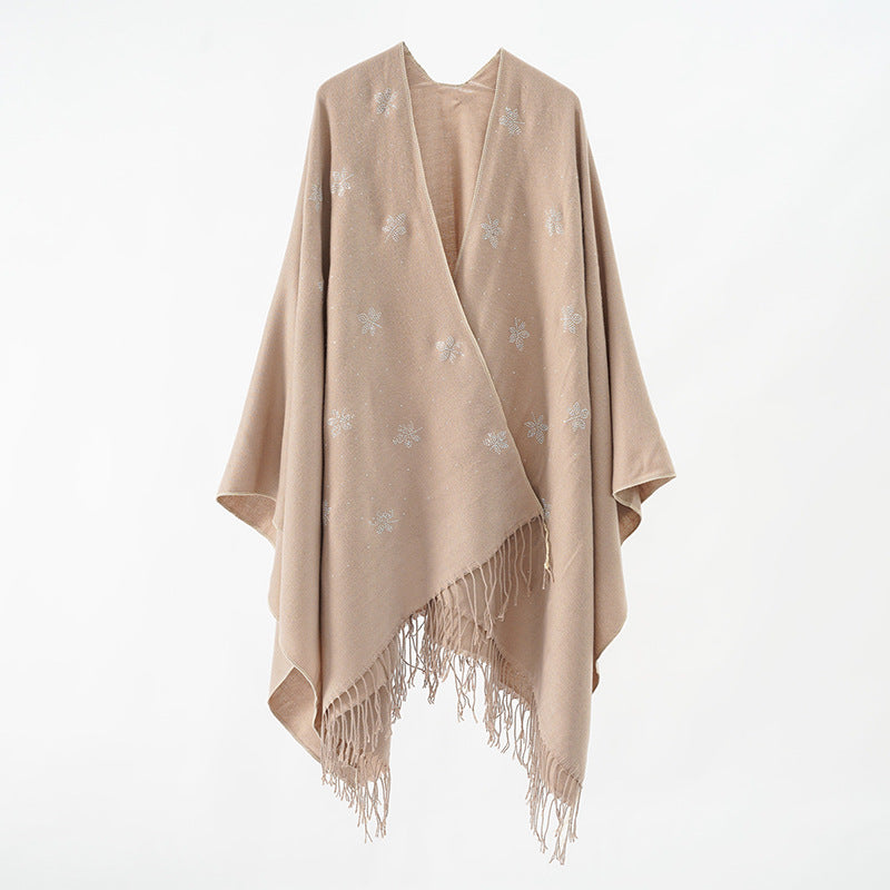 Damen bestickter Fransenponcho im Cape‑Stil aus Wollmix Drune