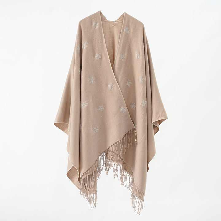 Damen bestickter Fransenponcho im Cape‑Stil aus Wollmix Drune