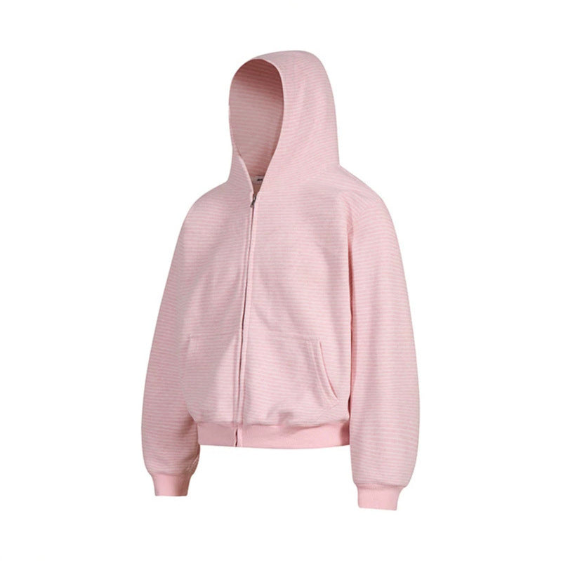 Damen Kurz geschnittene Kapuzen-Sweatjacke mit kurzem Bund, Streifenstruktur und Reißverschluss Drune