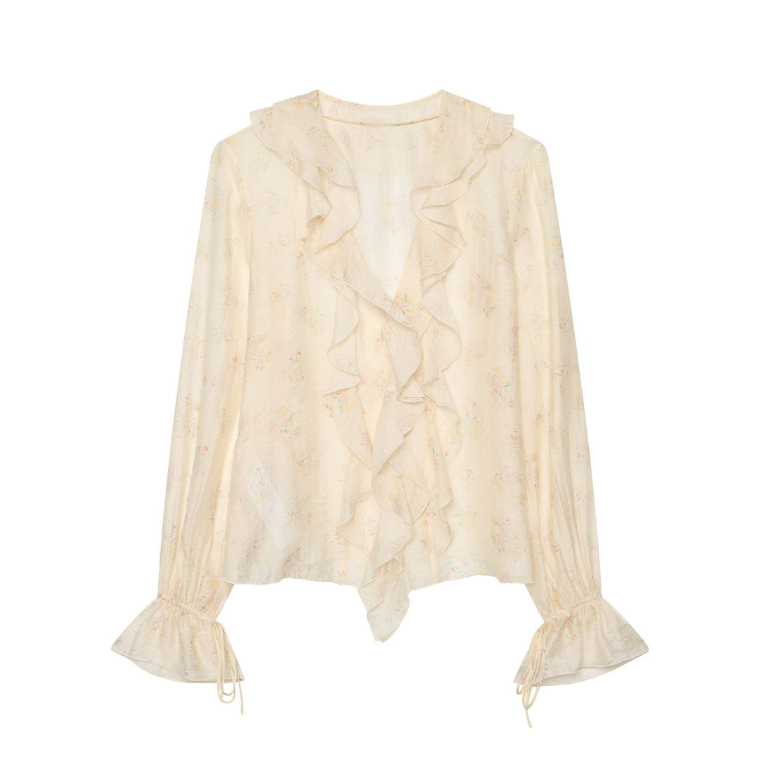 Damen Leichte Chiffonbluse mit Volantkragen V‑Ausschnitt und gerafften Manschetten Drune