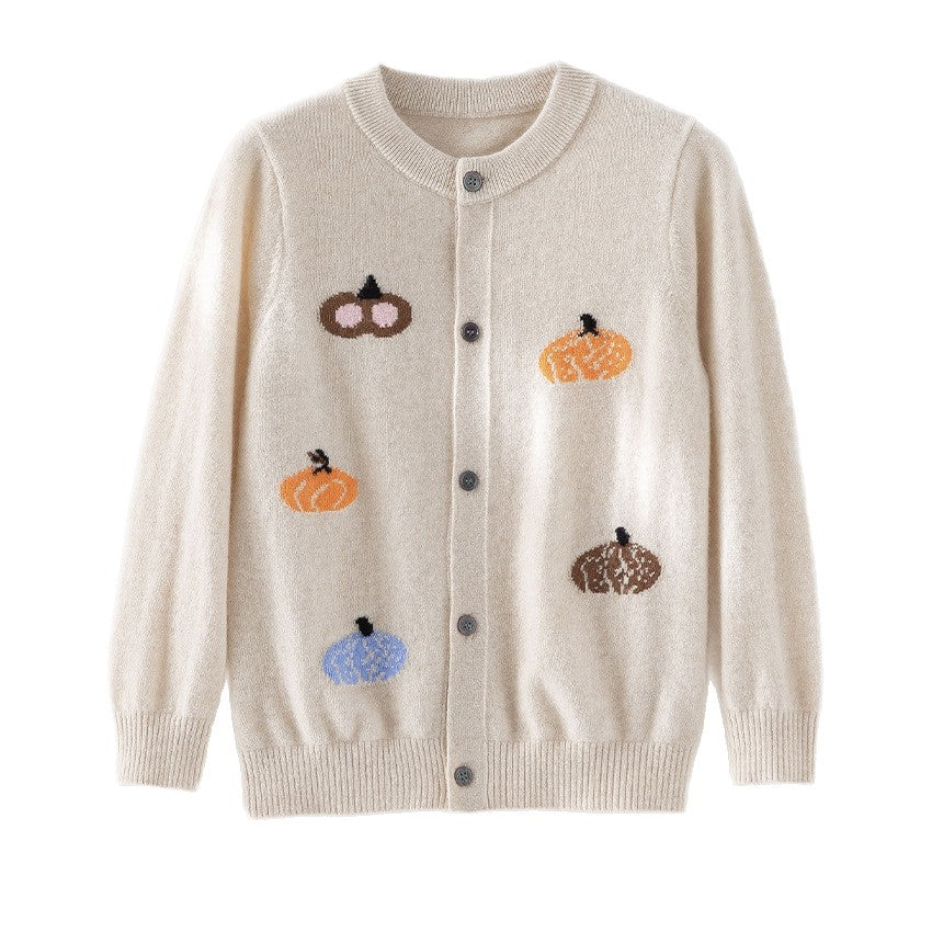 Damen Strickjacke mit Intarsia-Kürbismotiven, Rundhalsausschnitt und Knopfleiste Drune