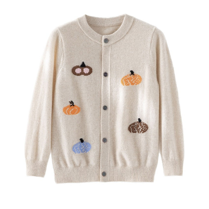 Damen Strickjacke mit Intarsia-Kürbismotiven, Rundhalsausschnitt und Knopfleiste Drune