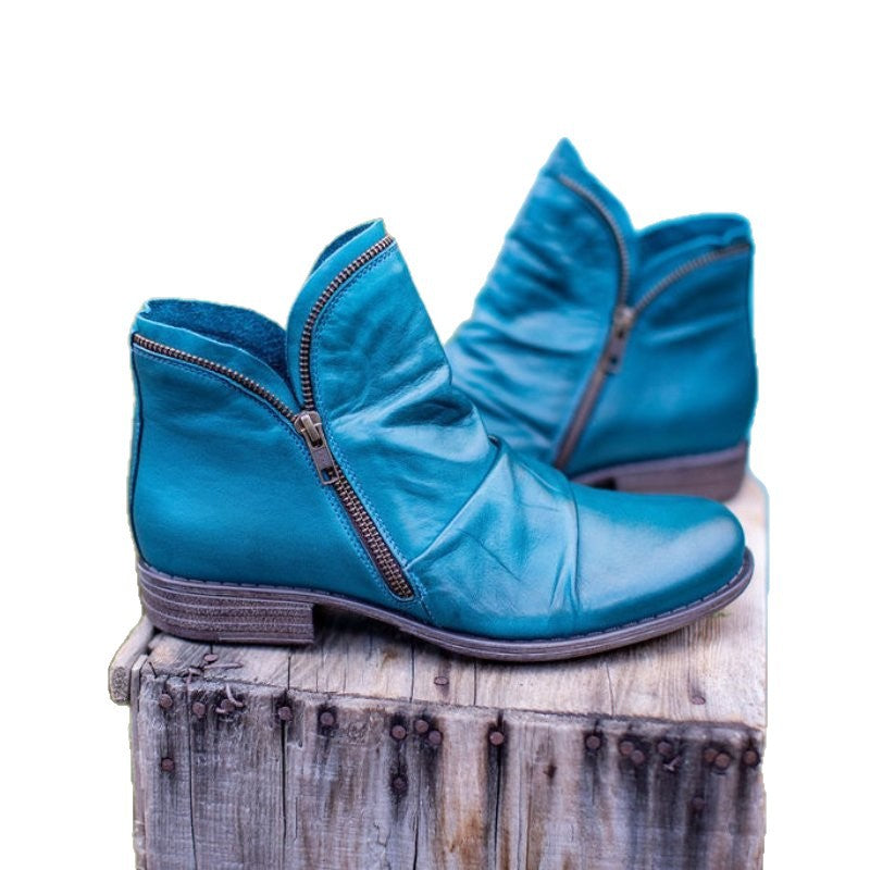Damen Slouch‑AnklDruneoots aus Leder mit seitlichem Reißverschluss und niedrigem Blockabsatz Drune