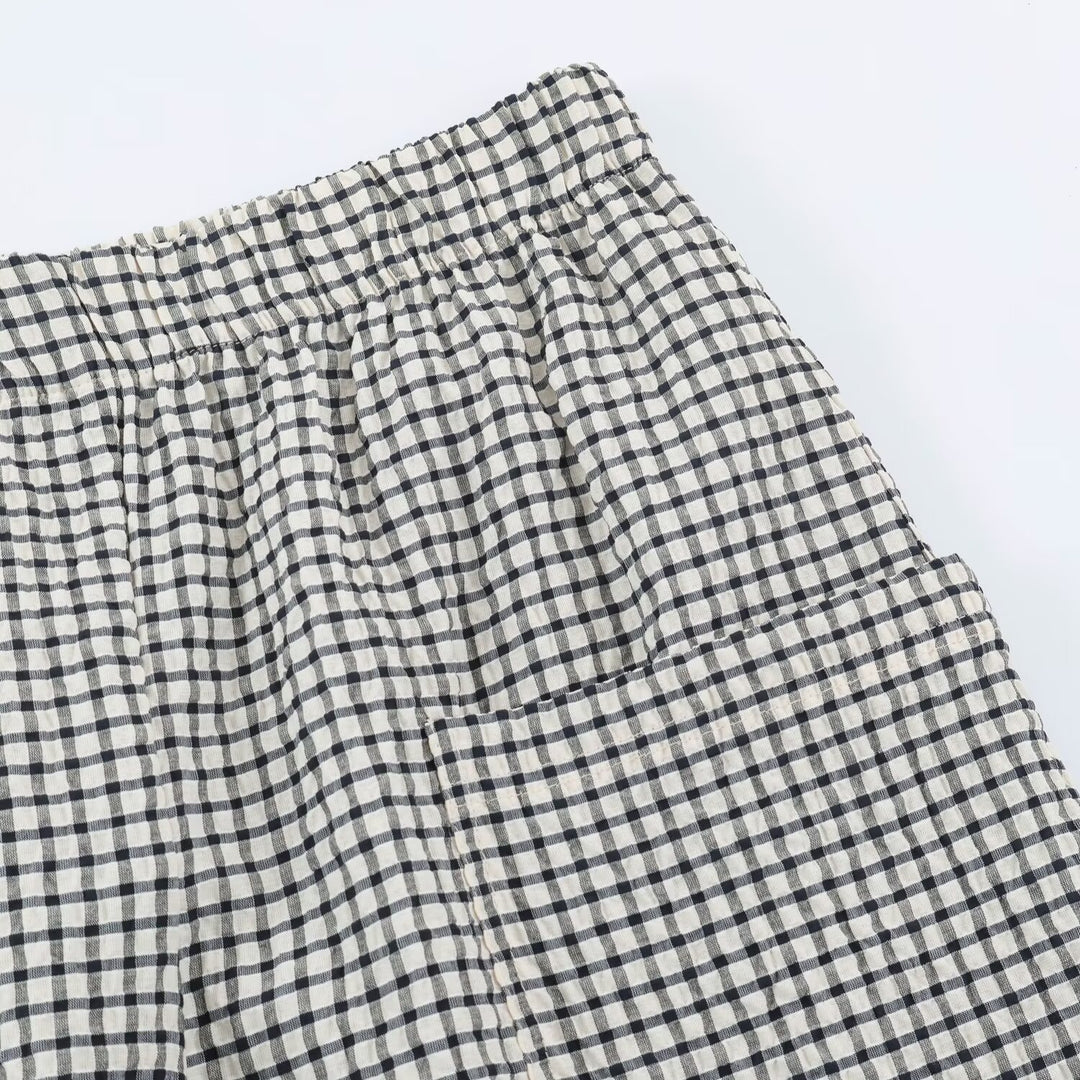 Damen Leichte karierte Seersucker-Hose mit Gummibund, aufgesetzten Taschen und schmal zulaufendem Bein Drune