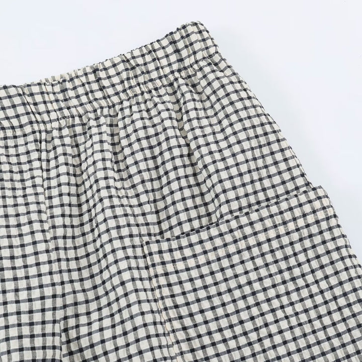 Damen Leichte karierte Seersucker-Hose mit Gummibund, aufgesetzten Taschen und schmal zulaufendem Bein Drune