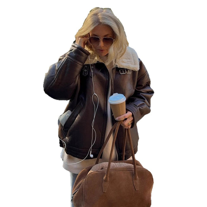 Damen Oversize Fliegerjacke aus Kunstleder mit Teddyfutter und breitem Schnitt Drune