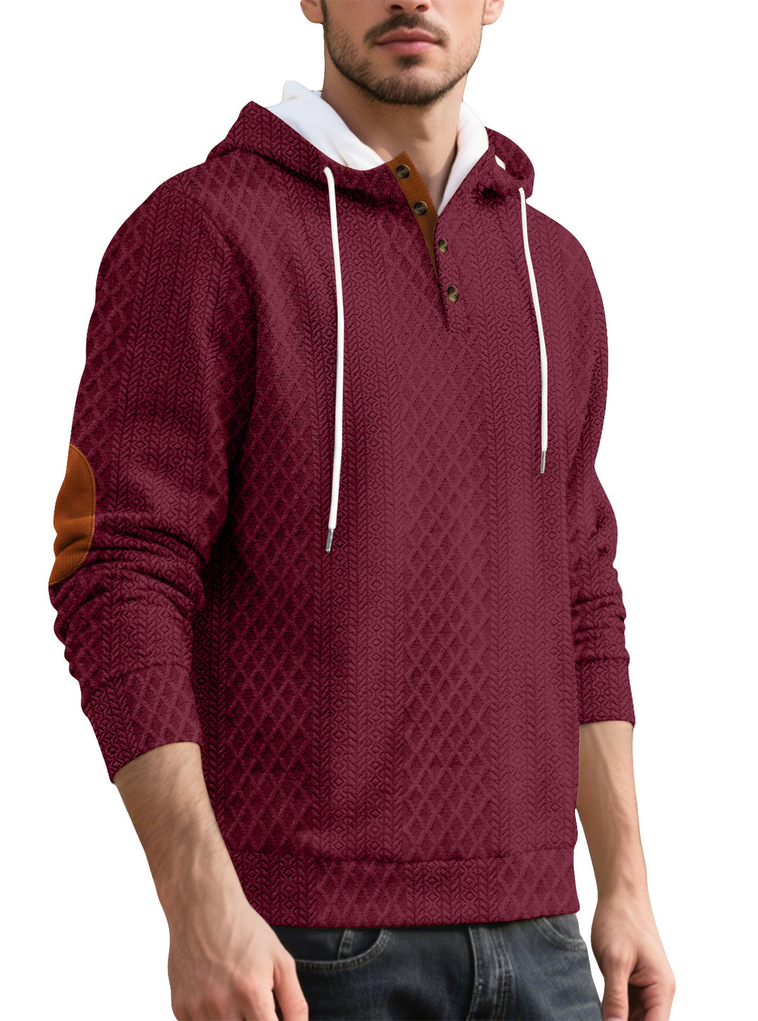 Herren nan Diamond-Struktur Kapuzenpullover mit Kurzknopfleiste, gesteppter Kapuzeninnenkante und Wildleder-Ellbogenpatch Drune