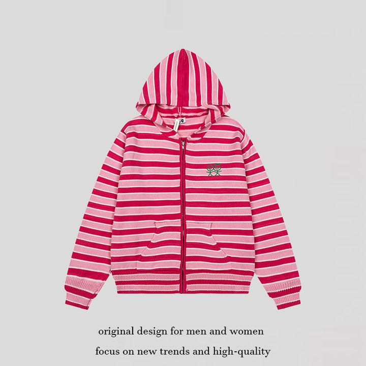 Damen Gestreifte Kapuzen-Strickjacke mit durchgehendem Reißverschluss und Eingrifftaschen Drune