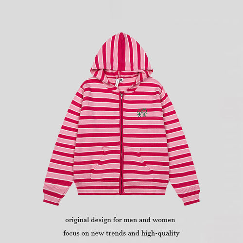 Damen Gestreifte Kapuzen-Strickjacke mit durchgehendem Reißverschluss und Eingrifftaschen Drune