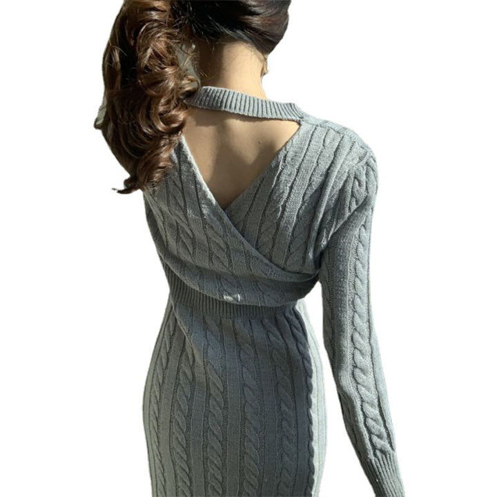 Damen langes Strickkleid mit buntem Zopfmuster und hohem Taillenschnitt Drune