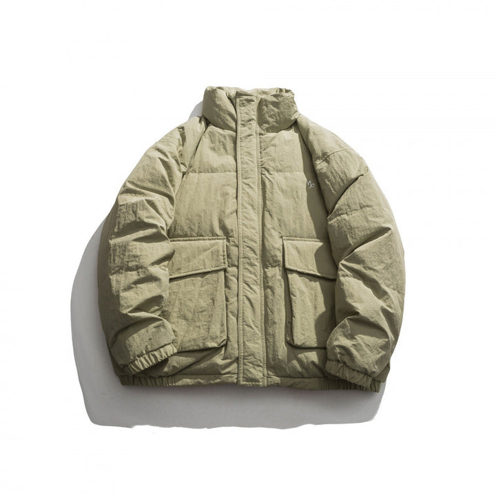 Unisex Oversize wattierte Steppjacke mit hohem Stehkragen, großen Pattentaschen und Crinkle-Effekt Drune
