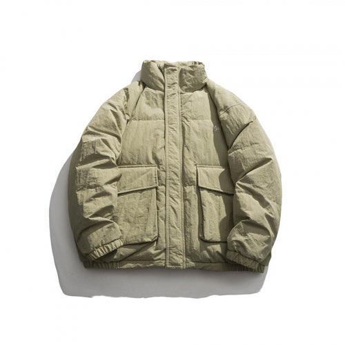 Unisex Oversize wattierte Steppjacke mit hohem Stehkragen, großen Pattentaschen und Crinkle-Effekt Drune