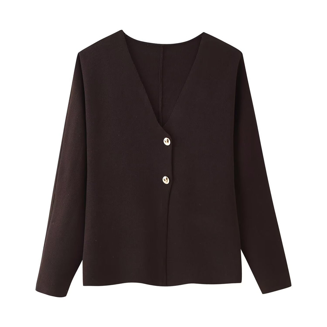 Damen elegante Strickjacke mit V-Ausschnitt und Knopfleiste Drune