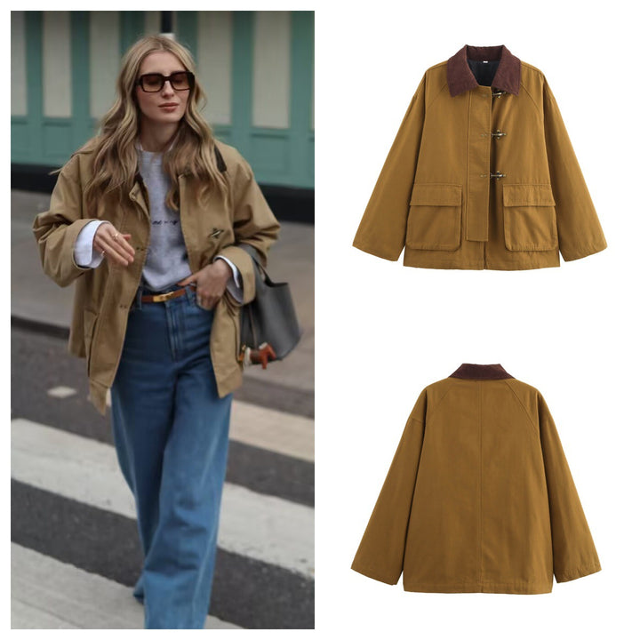 Damen lässige Übergangsjacke mit voluminösem Kragen und praktischen Taschen Drune
