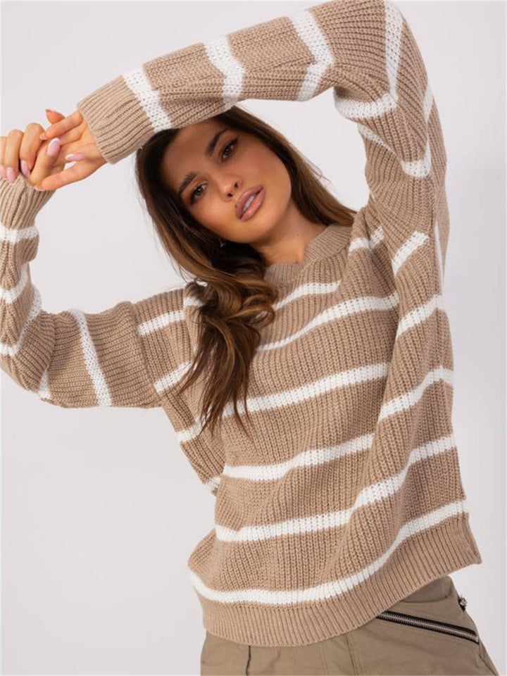 Damen Grobstrickpullover mit lässigem Streifenmuster und rundem Halsausschnitt Drune