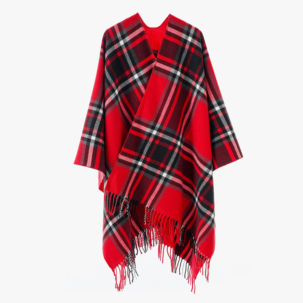 Damen Oversize-Karo-Capeponcho aus Wollmix mit V-Ausschnitt und Fransensaum Drune