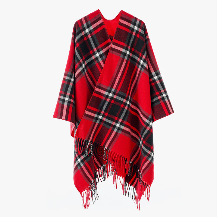 Damen Oversize-Karo-Capeponcho aus Wollmix mit V-Ausschnitt und Fransensaum Drune