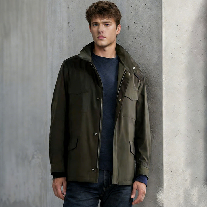 Herren Utility‑Fieldjacke mit verdecktem Reißverschluss, Druckknopfleiste und Multifunktions‑Taschen Drune